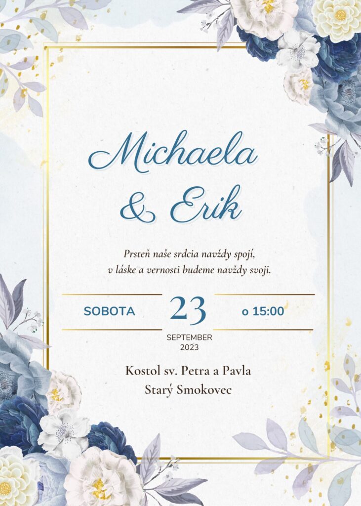 Blue and Gold Floral Wedding Invitation